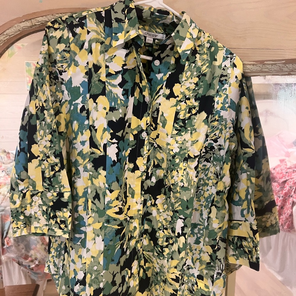 Chico's Abstract Green and Yellow Blouse